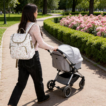 Quilted Stroller Bag, Floral Diaper Bag with Insulated Pocket