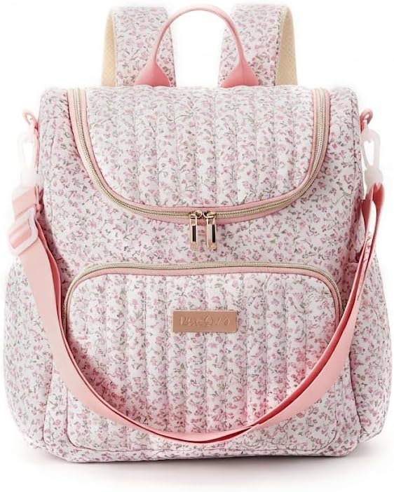 Quilted Stroller Bag, Floral Diaper Bag with Insulated Pocket