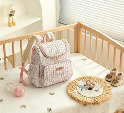 Quilted Stroller Bag, Floral Diaper Bag with Insulated Pocket