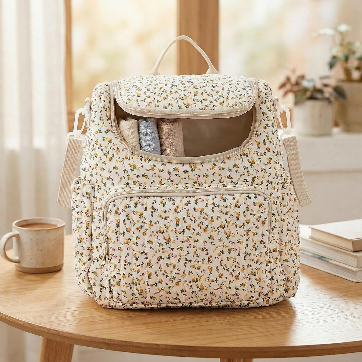 Quilted Stroller Bag, Floral Diaper Bag with Insulated Pocket