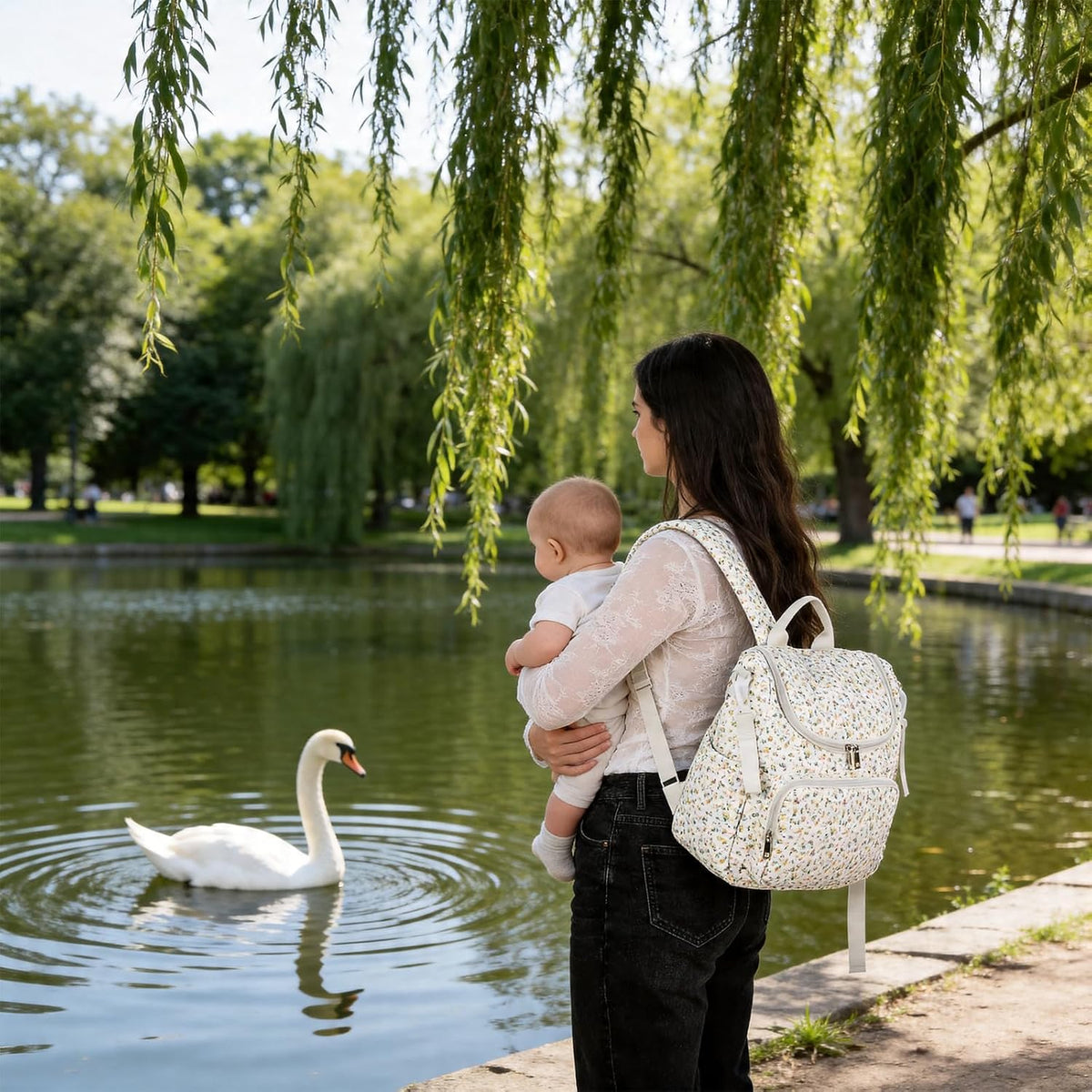 Quilted Stroller Bag, Floral Diaper Bag with Insulated Pocket