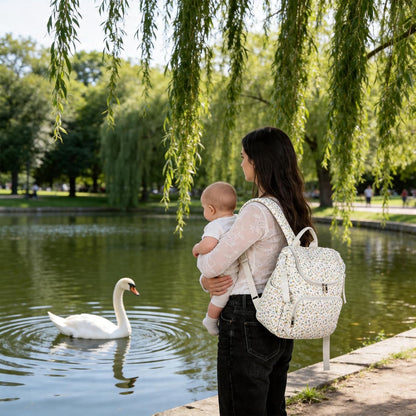 Quilted Stroller Bag, Floral Diaper Bag with Insulated Pocket