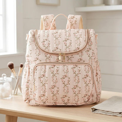 Quilted Stroller Bag, Floral Diaper Bag with Insulated Pocket