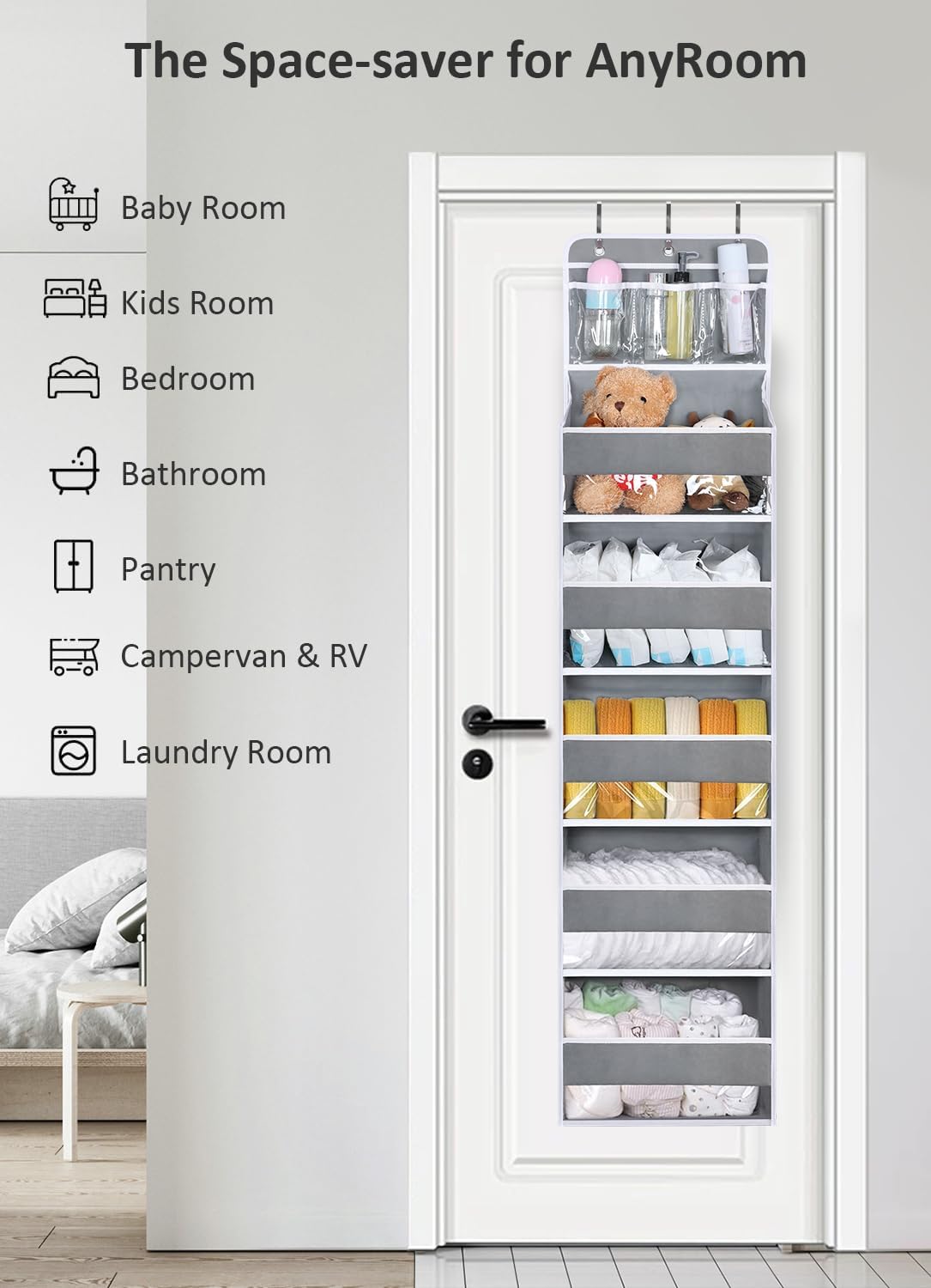Over the Door Organizer for Bedroom, Pantry, Bathroom, 5 Large Pockets