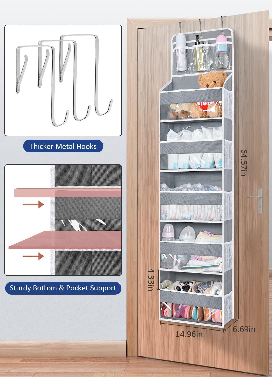 Over the Door Organizer for Bedroom, Pantry, Bathroom, 5 Large Pockets
