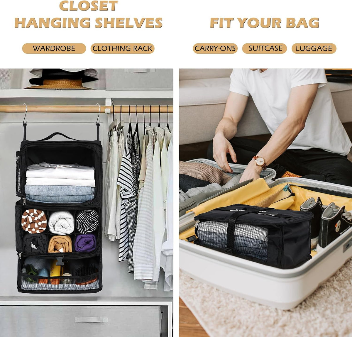 Hanging Shelves Travel Storage Bag Compression Packing Cube for Suitcase Collapsible with Extension Layer Large Capacity, Pink,XL