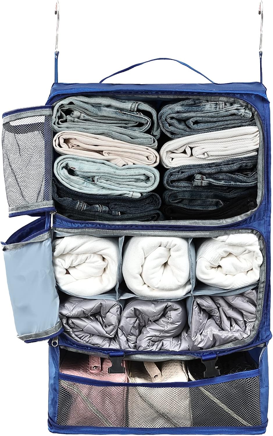 Hanging Shelves Travel Storage Bag Compression Packing Cube for Suitcase Collapsible with Extension Layer Large Capacity, Pink,XL