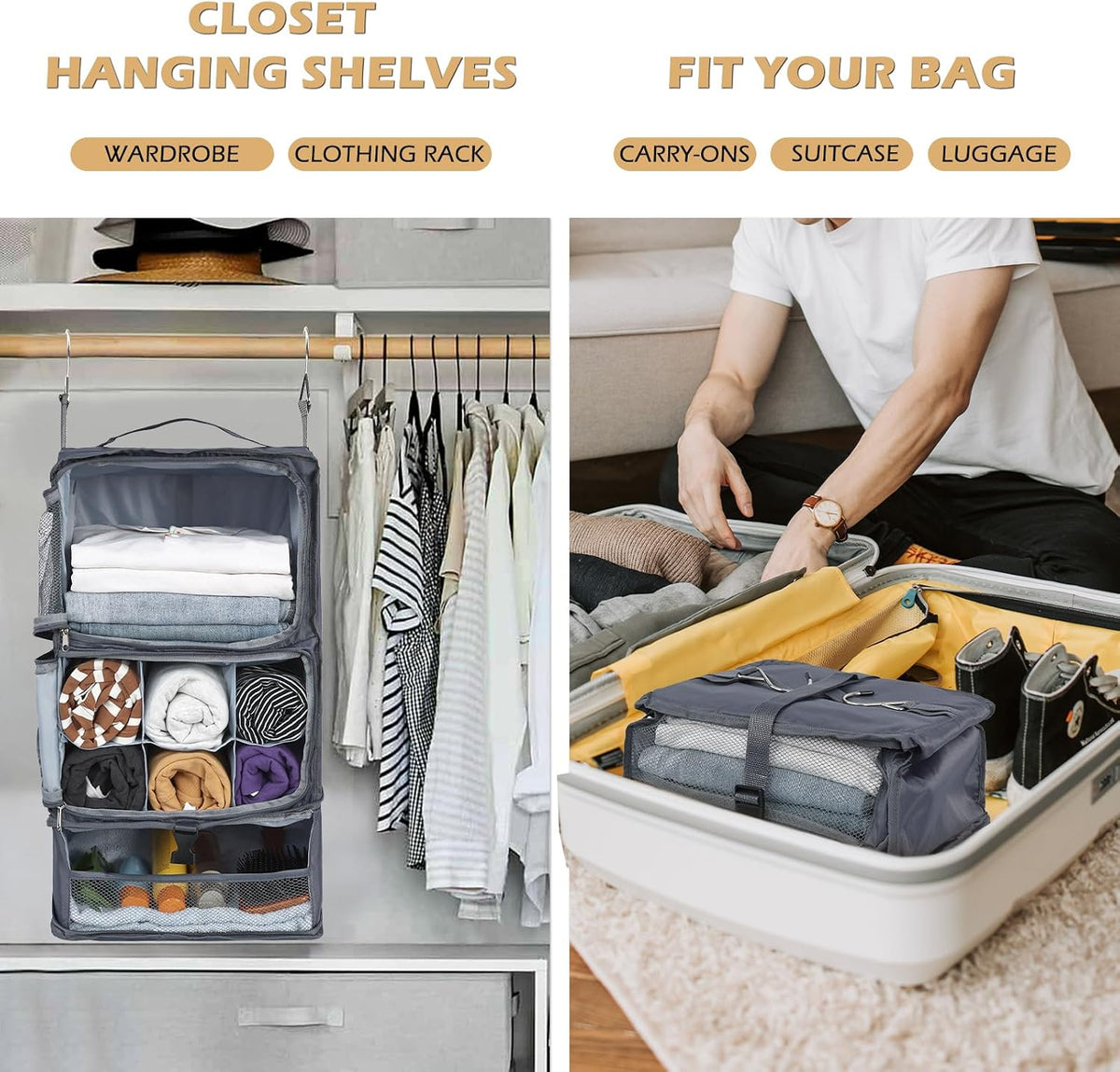 Hanging Shelves Travel Storage Bag Compression Packing Cube for Suitcase Collapsible with Extension Layer Large Capacity, Pink,XL