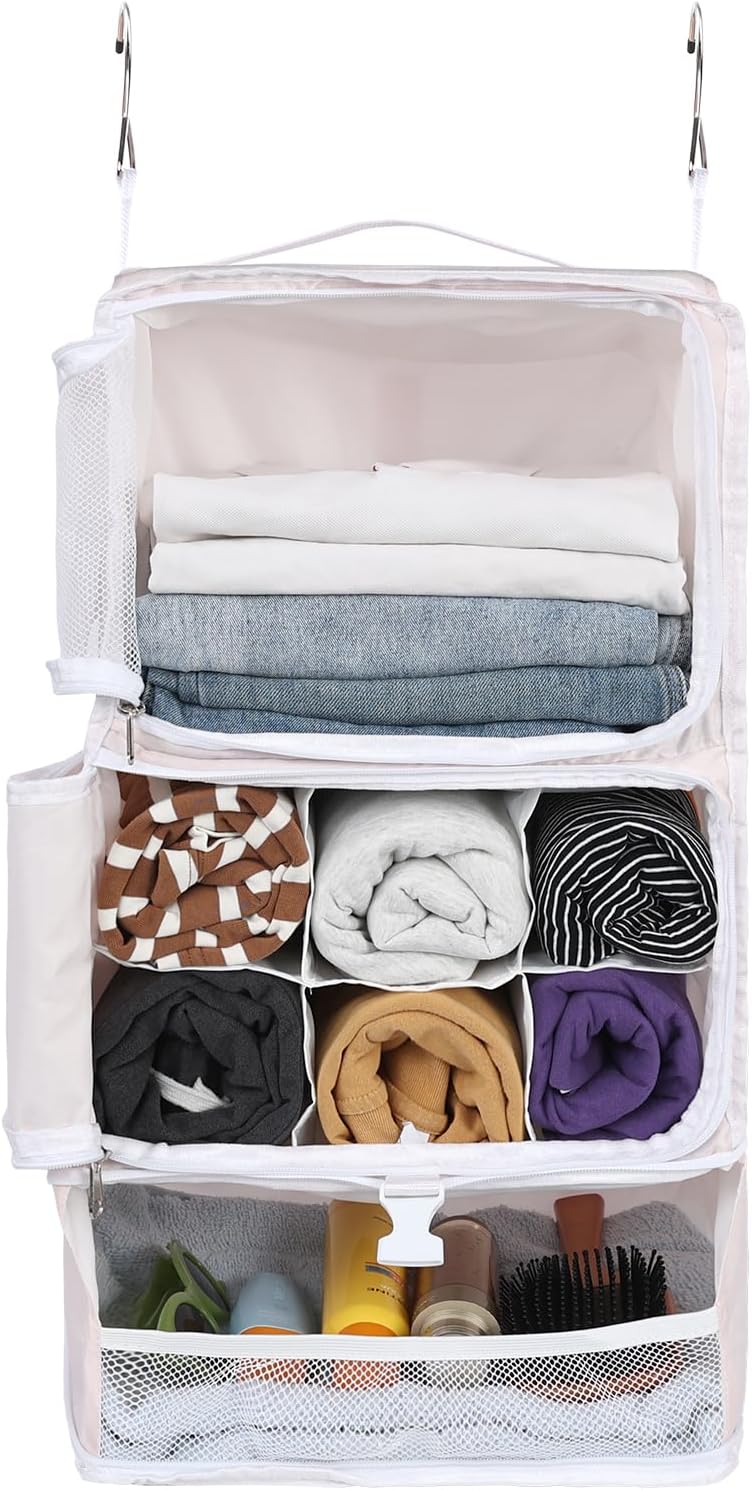 Hanging Shelves Travel Storage Bag Compression Packing Cube for Suitcase Collapsible with Extension Layer Large Capacity, Pink,XL