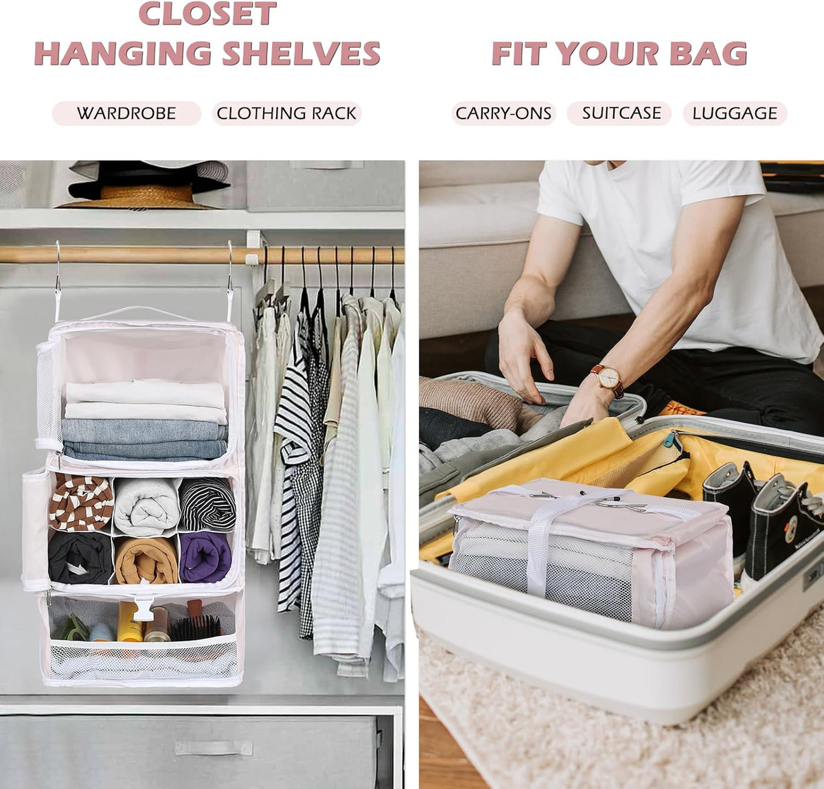 Hanging Shelves Travel Storage Bag Compression Packing Cube for Suitcase Collapsible with Extension Layer Large Capacity, Pink,XL