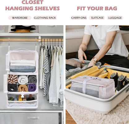 Hanging Shelves Travel Storage Bag Compression Packing Cube for Suitcase Collapsible with Extension Layer Large Capacity, Pink,XL