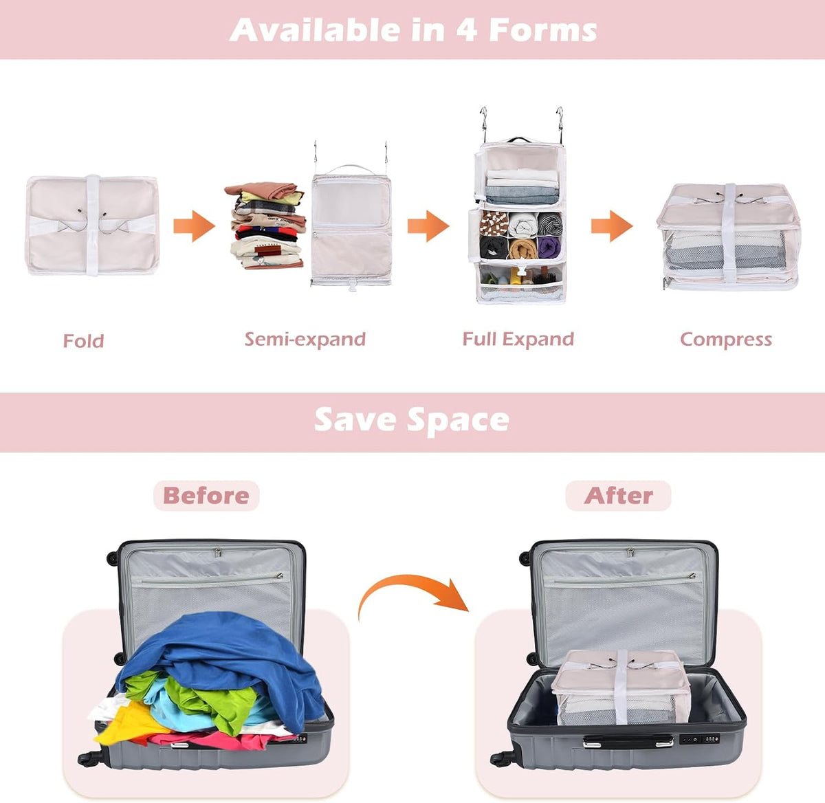 Hanging Shelves Travel Storage Bag Compression Packing Cube for Suitcase Collapsible with Extension Layer Large Capacity, Pink,XL