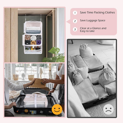 Hanging Shelves Travel Storage Bag Compression Packing Cube for Suitcase Collapsible with Extension Layer Large Capacity, Pink,XL