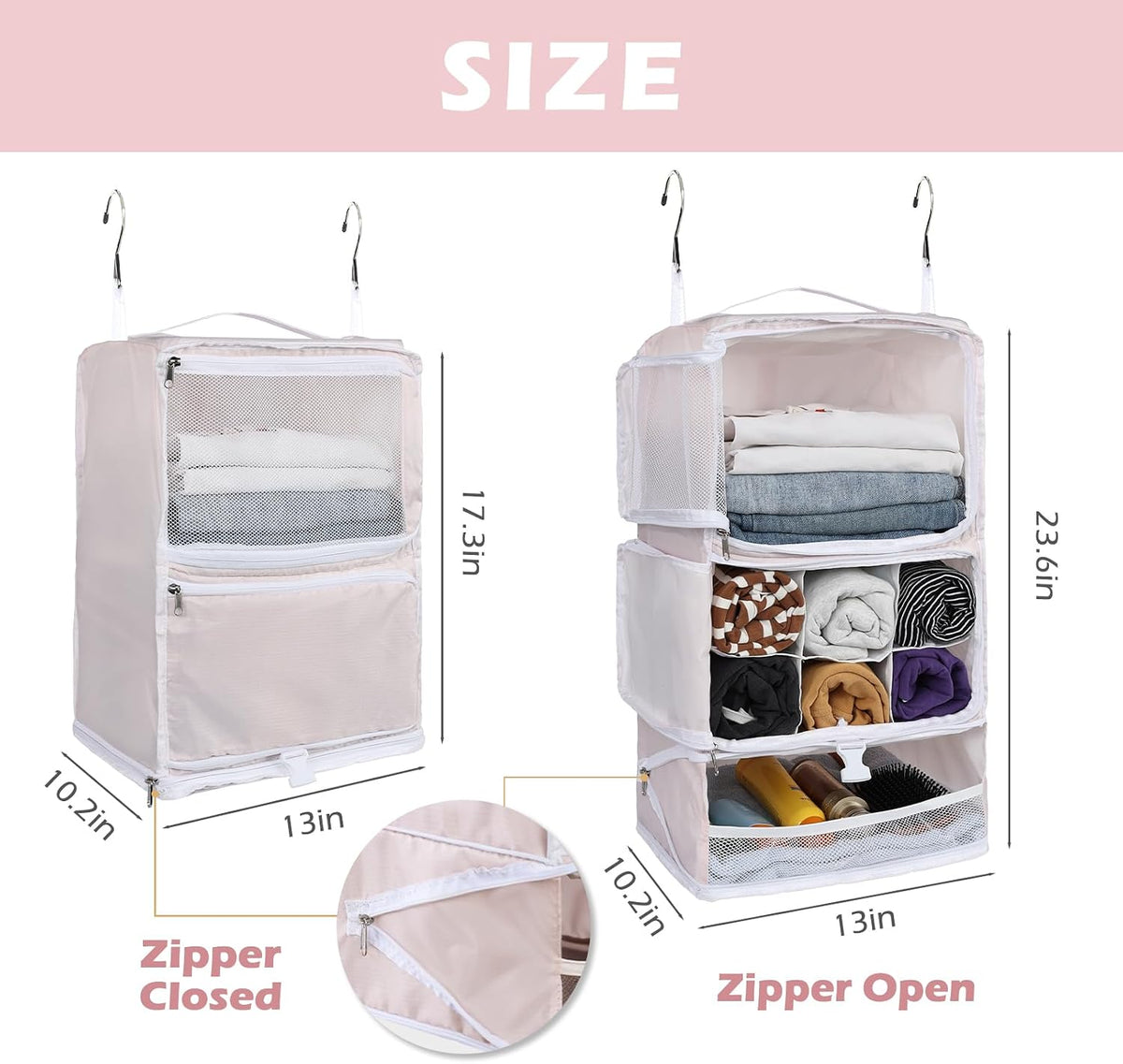 Hanging Shelves Travel Storage Bag Compression Packing Cube for Suitcase Collapsible with Extension Layer Large Capacity, Pink,XL