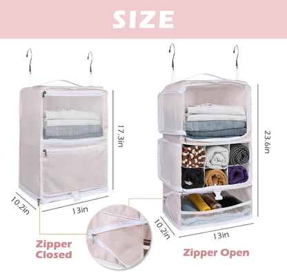 Hanging Shelves Travel Storage Bag Compression Packing Cube for Suitcase Collapsible with Extension Layer Large Capacity, Pink,XL