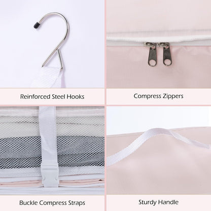 Hanging Shelves Travel Storage Bag Compression Packing Cube for Suitcase Collapsible with Extension Layer Large Capacity, Pink,XL