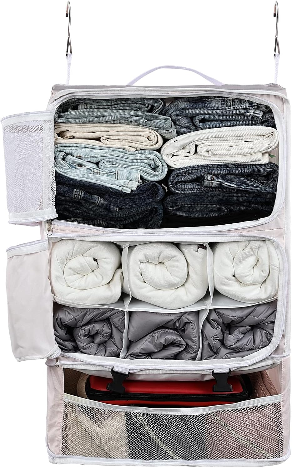 Hanging Shelves Travel Storage Bag Compression Packing Cube for Suitcase Collapsible with Extension Layer Large Capacity, Pink,XL