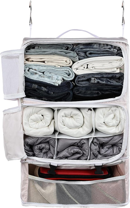 Hanging Shelves Travel Storage Bag Compression Packing Cube for Suitcase Collapsible with Extension Layer Large Capacity, Pink,XL
