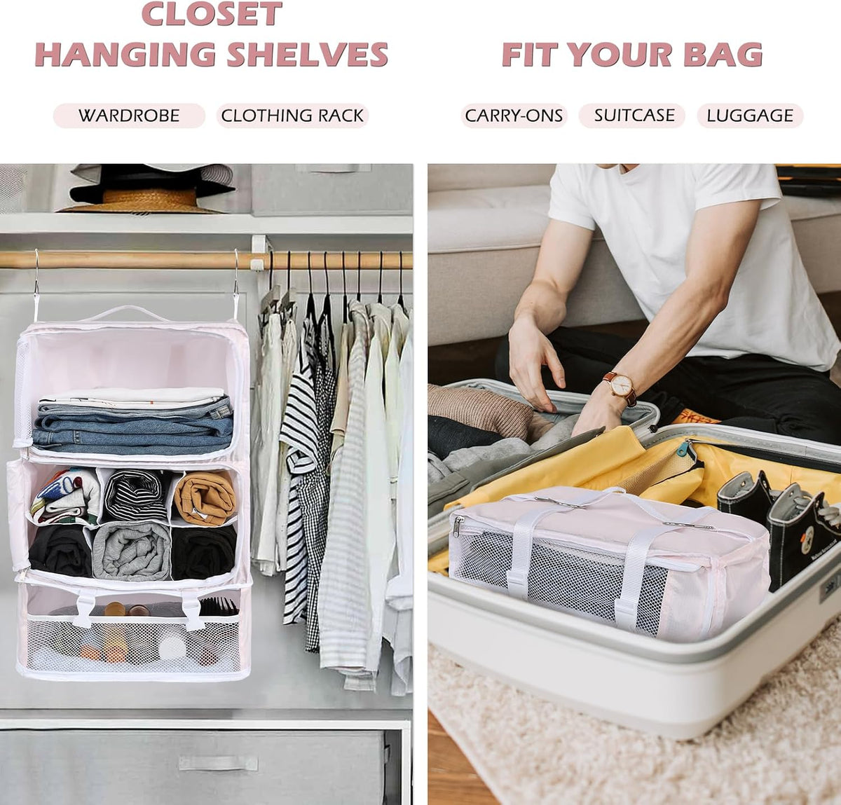 Hanging Shelves Travel Storage Bag Compression Packing Cube for Suitcase Collapsible with Extension Layer Large Capacity, Pink,XL