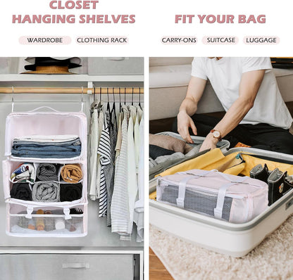 Hanging Shelves Travel Storage Bag Compression Packing Cube for Suitcase Collapsible with Extension Layer Large Capacity, Pink,XL