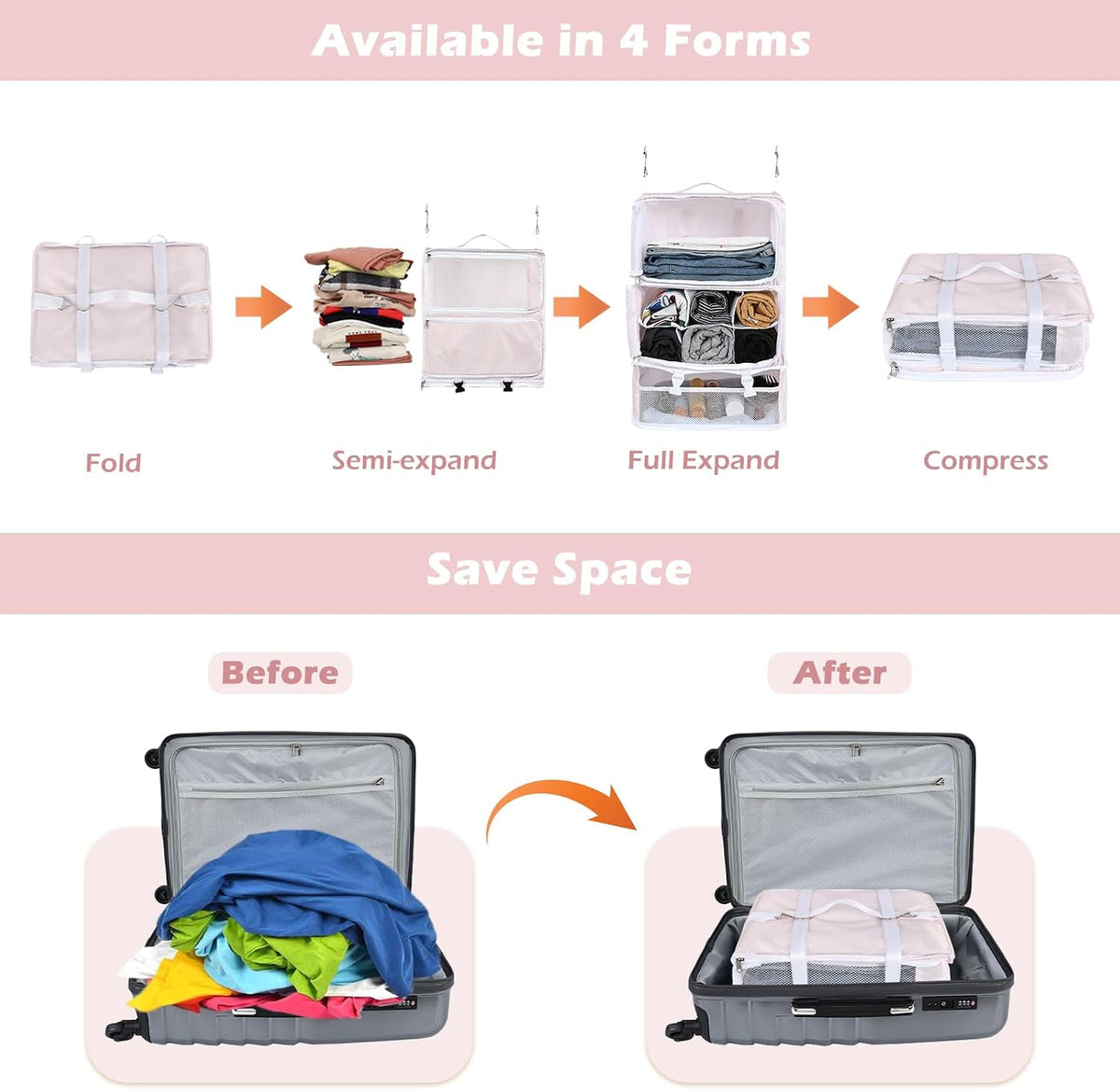 Hanging Shelves Travel Storage Bag Compression Packing Cube for Suitcase Collapsible with Extension Layer Large Capacity, Pink,XL