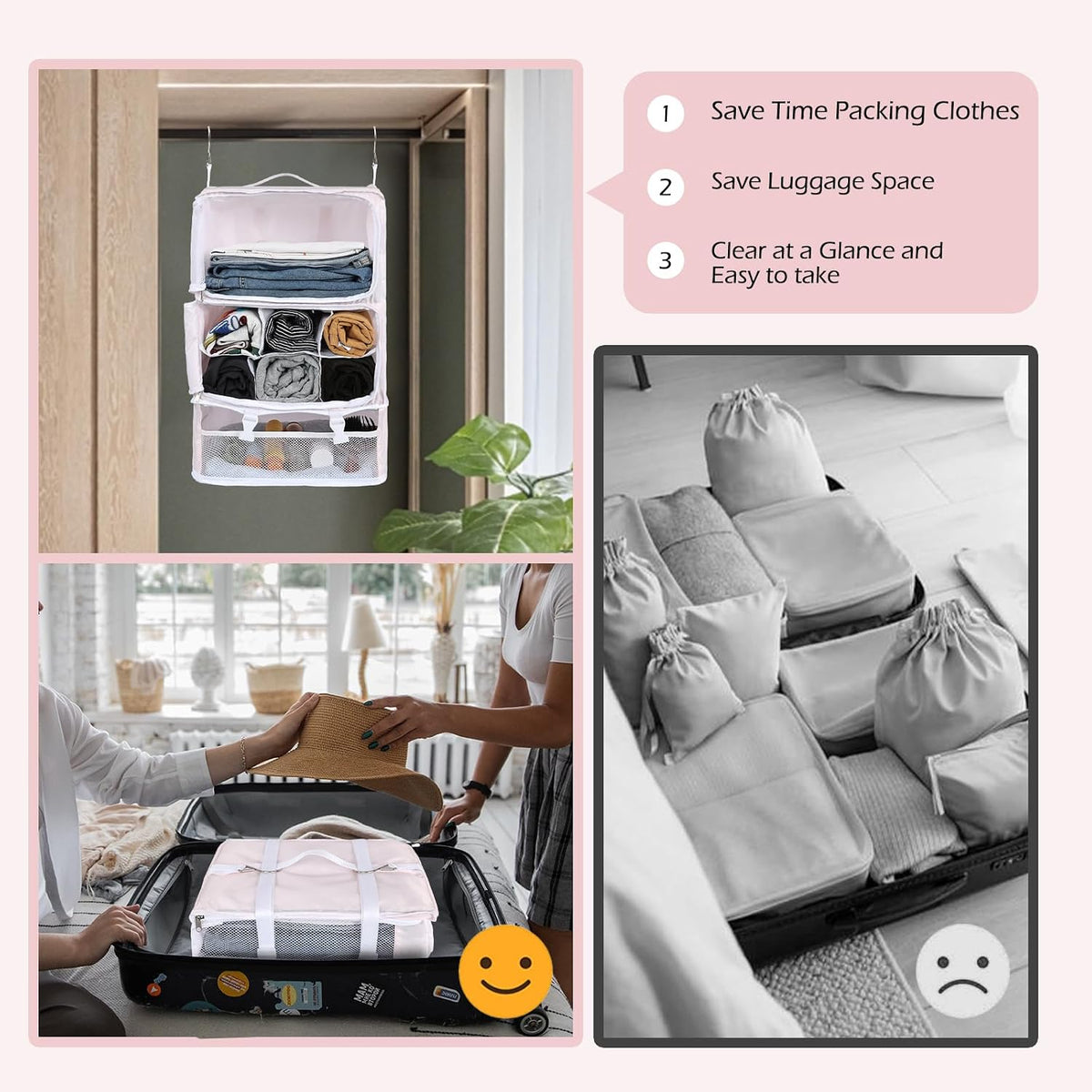 Hanging Shelves Travel Storage Bag Compression Packing Cube for Suitcase Collapsible with Extension Layer Large Capacity, Pink,XL