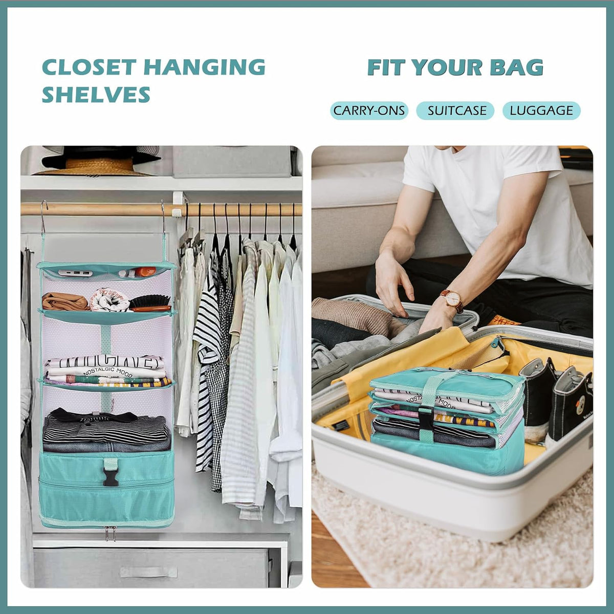 Hanging Shelves Travel Storage Bag Compression Packing Cube for Suitcase Collapsible with Extension Layer Large Capacity, Pink,XL