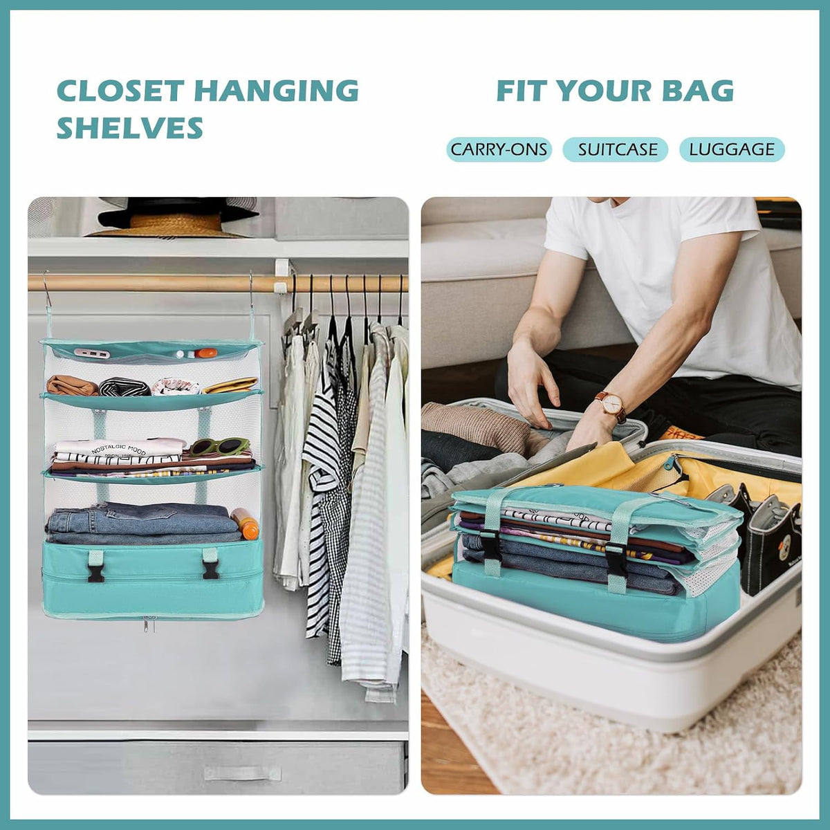 Hanging Shelves Travel Storage Bag Compression Packing Cube for Suitcase Collapsible with Extension Layer Large Capacity, Pink,XL