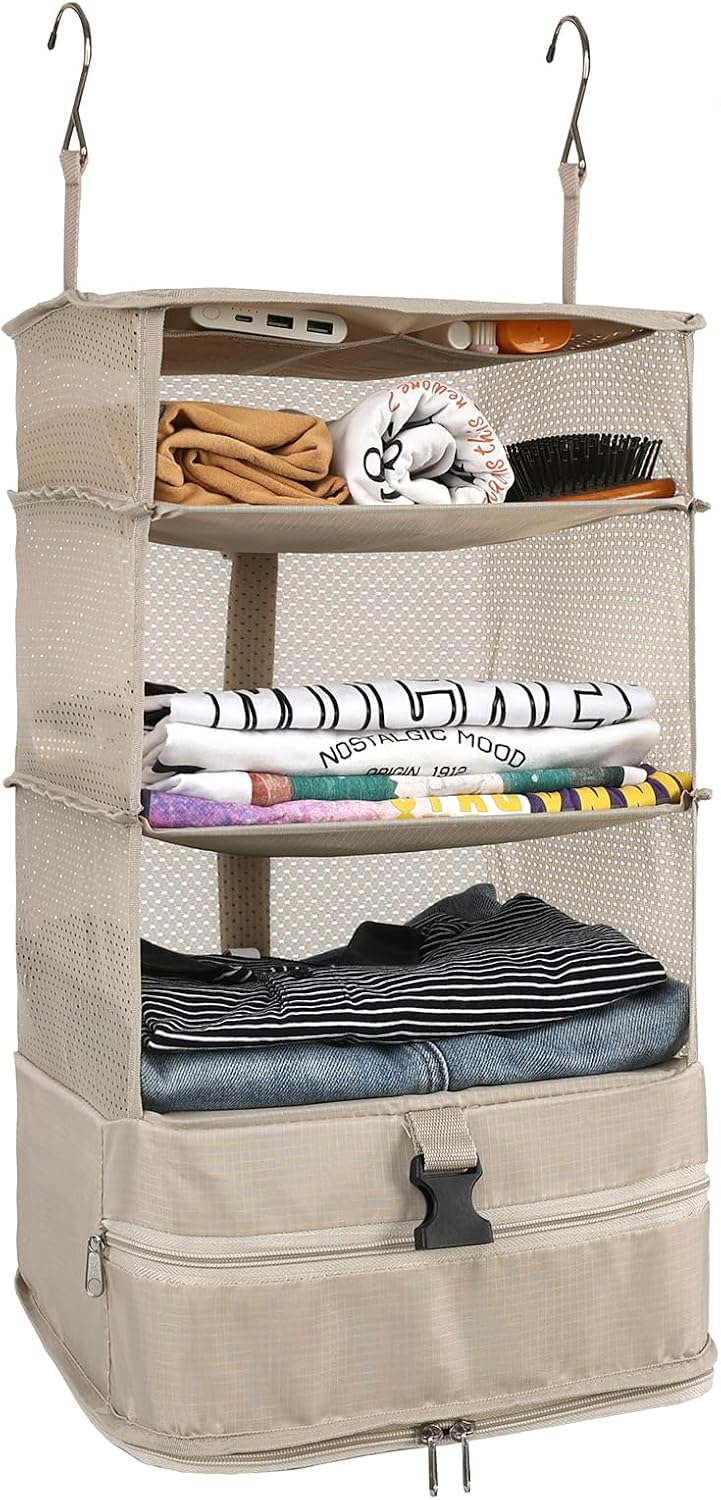 Hanging Shelves Travel Storage Bag Compression Packing Cube for Suitcase Collapsible with Extension Layer Large Capacity, Pink,XL