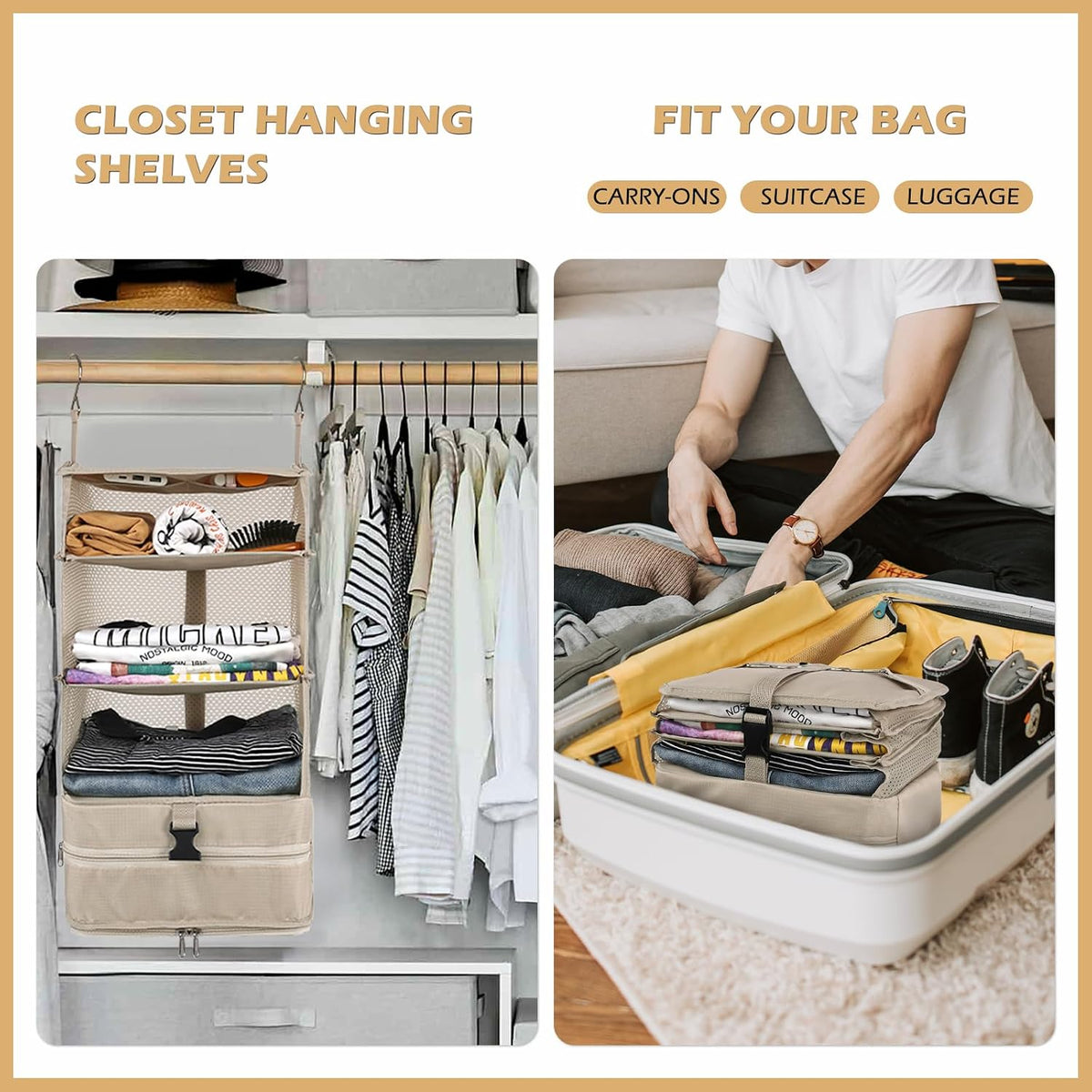 Hanging Shelves Travel Storage Bag Compression Packing Cube for Suitcase Collapsible with Extension Layer Large Capacity, Pink,XL