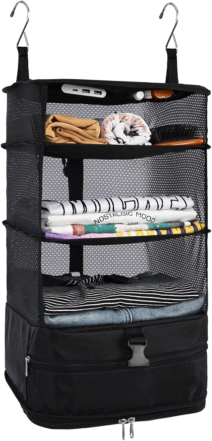 Hanging Shelves Travel Storage Bag Compression Packing Cube for Suitcase Collapsible with Extension Layer Large Capacity, Pink,XL