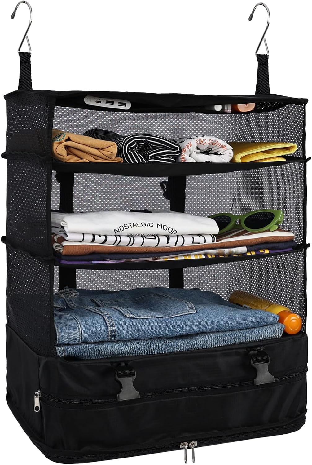 Hanging Shelves Travel Storage Bag Compression Packing Cube for Suitcase Collapsible with Extension Layer Large Capacity, Pink,XL