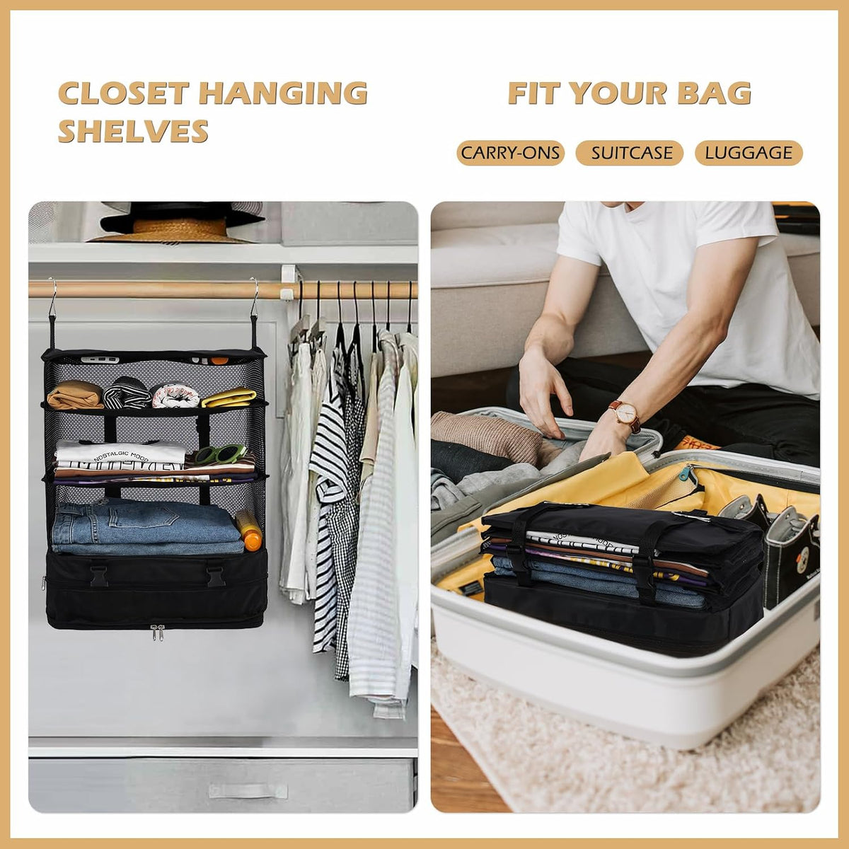 Hanging Shelves Travel Storage Bag Compression Packing Cube for Suitcase Collapsible with Extension Layer Large Capacity, Pink,XL