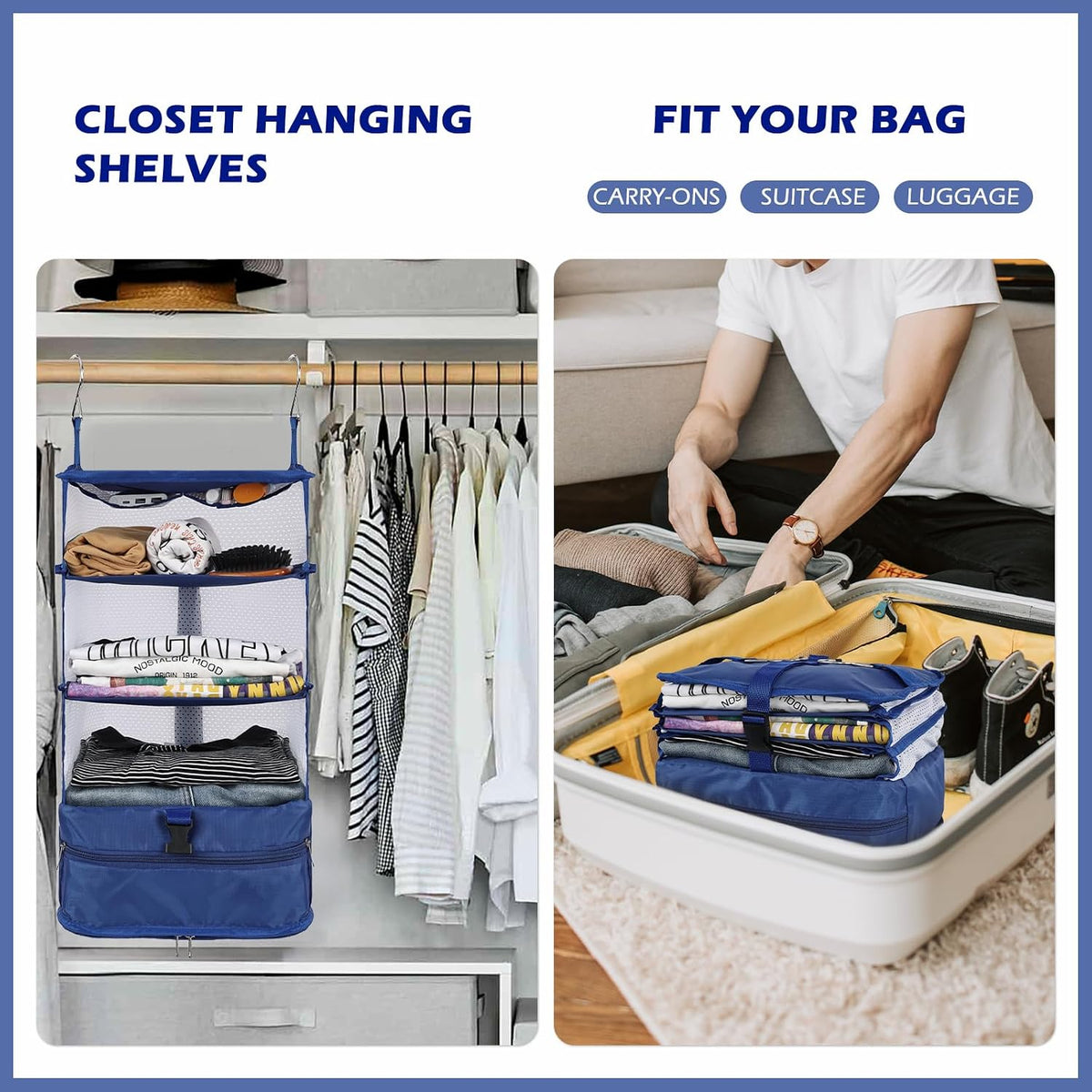 Hanging Shelves Travel Storage Bag Compression Packing Cube for Suitcase Collapsible with Extension Layer Large Capacity, Pink,XL