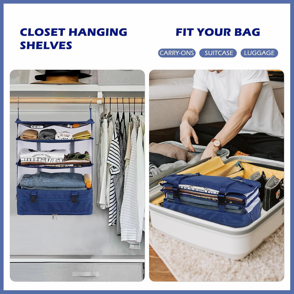 Hanging Shelves Travel Storage Bag Compression Packing Cube for Suitcase Collapsible with Extension Layer Large Capacity, Pink,XL