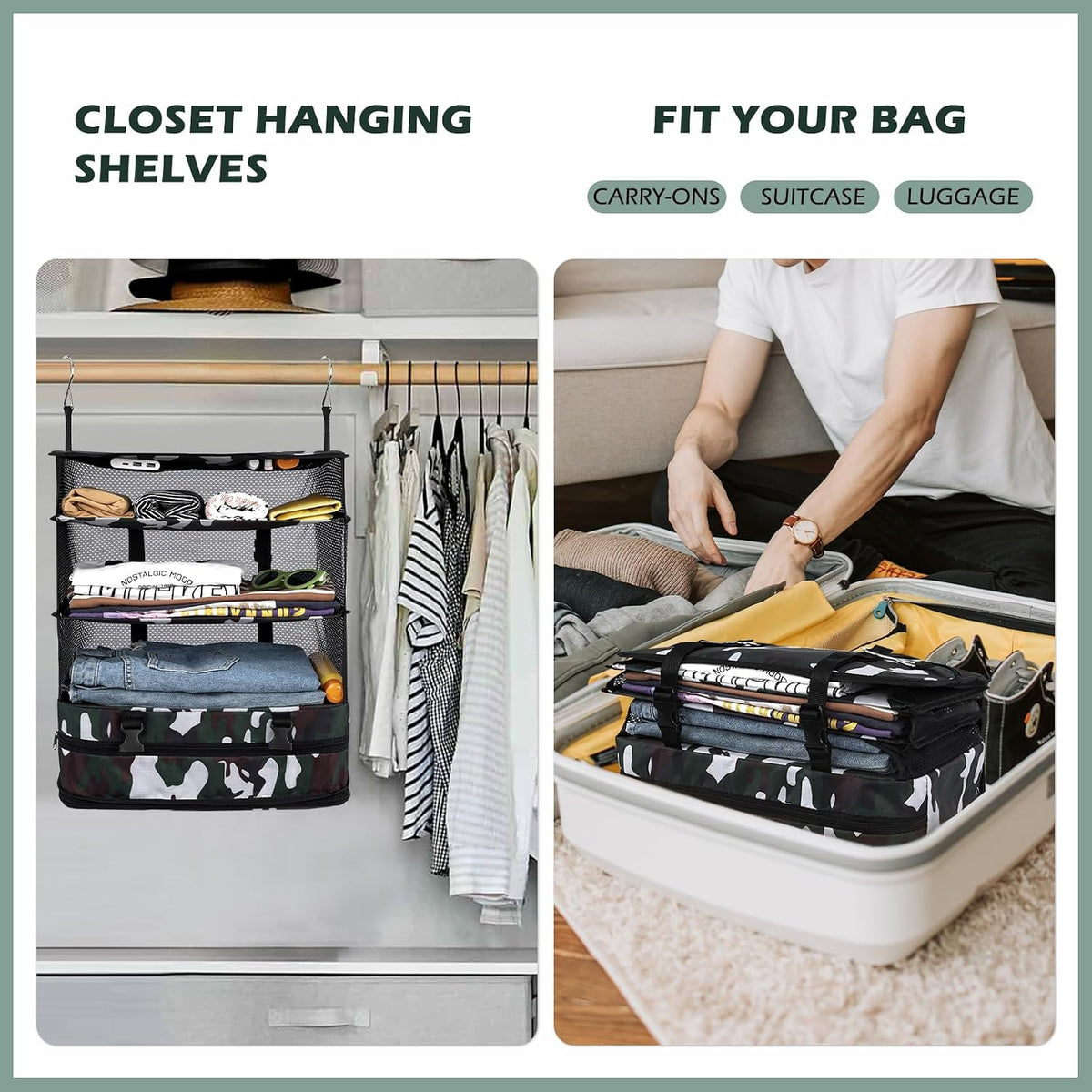 Hanging Shelves Travel Storage Bag Compression Packing Cube for Suitcase Collapsible with Extension Layer Large Capacity, Pink,XL