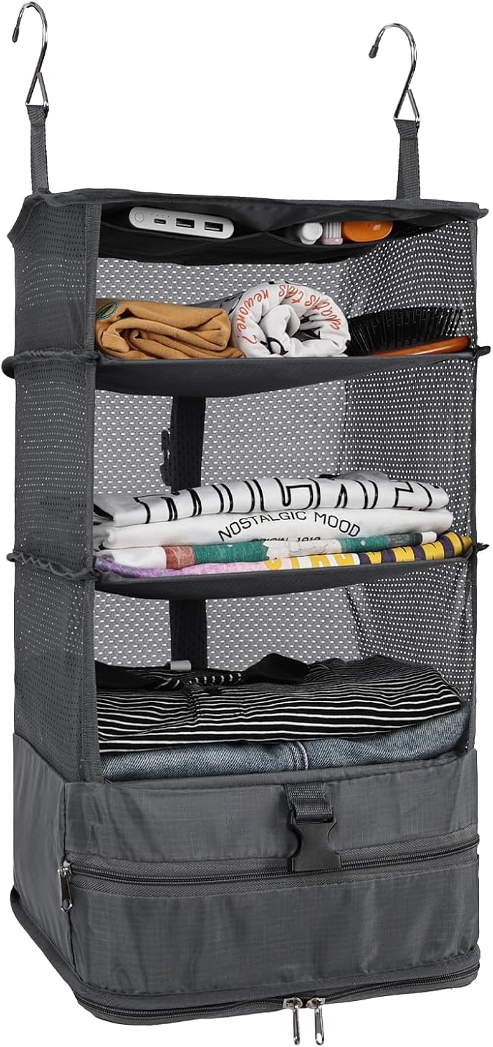 Hanging Shelves Travel Storage Bag Compression Packing Cube for Suitcase Collapsible with Extension Layer Large Capacity, Pink,XL