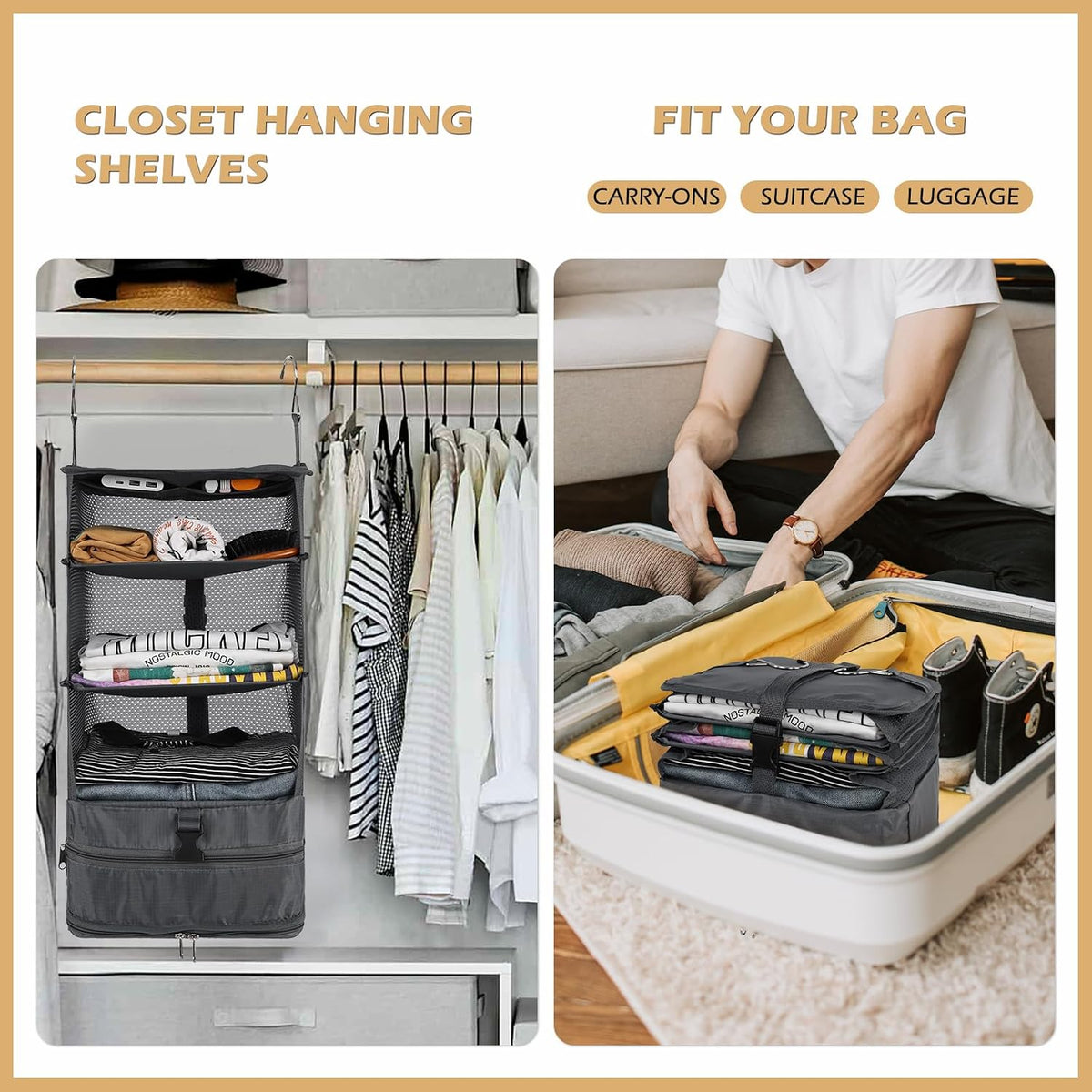 Hanging Shelves Travel Storage Bag Compression Packing Cube for Suitcase Collapsible with Extension Layer Large Capacity, Pink,XL