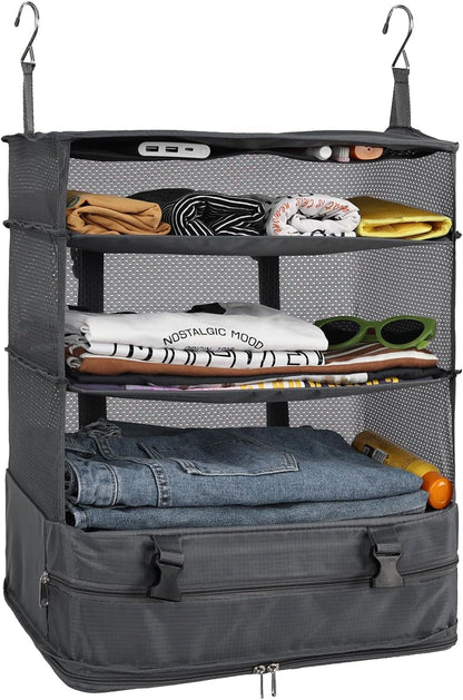 Hanging Shelves Travel Storage Bag Compression Packing Cube for Suitcase Collapsible with Extension Layer Large Capacity, Pink,XL