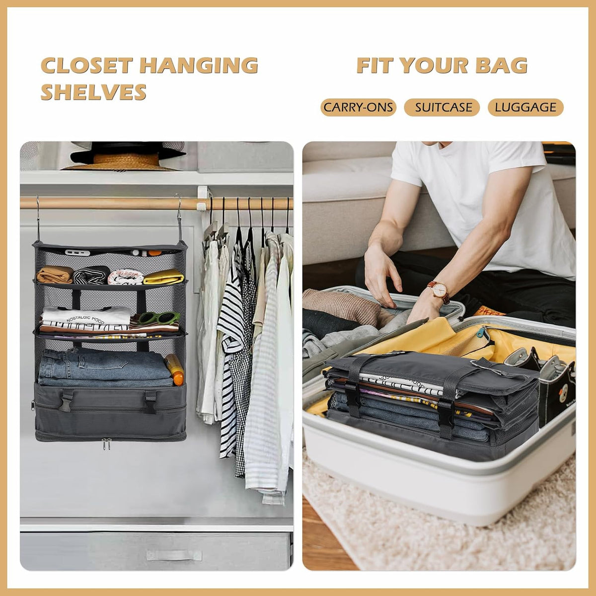 Hanging Shelves Travel Storage Bag Compression Packing Cube for Suitcase Collapsible with Extension Layer Large Capacity, Pink,XL