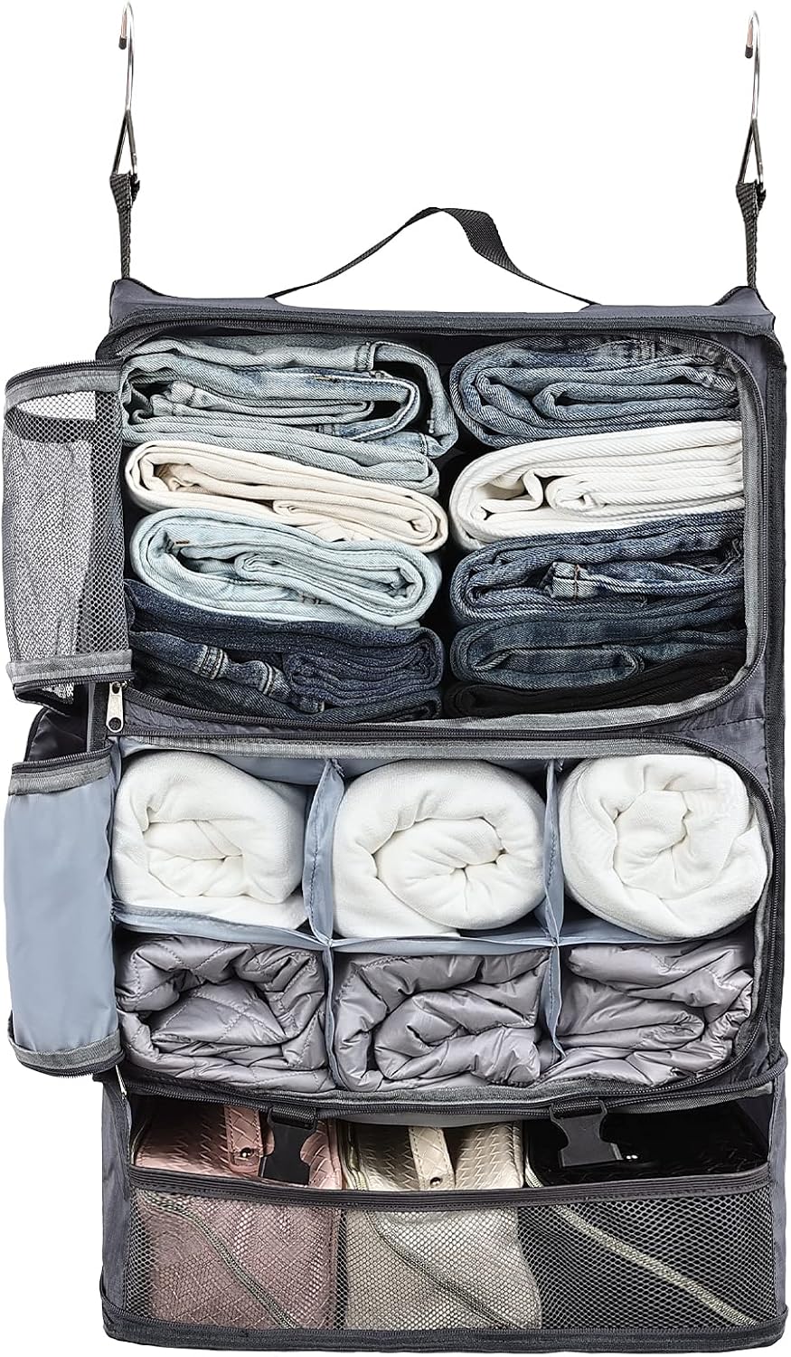 Hanging Shelves Travel Storage Bag Compression Packing Cube for Suitcase Collapsible with Extension Layer Large Capacity, Pink,XL
