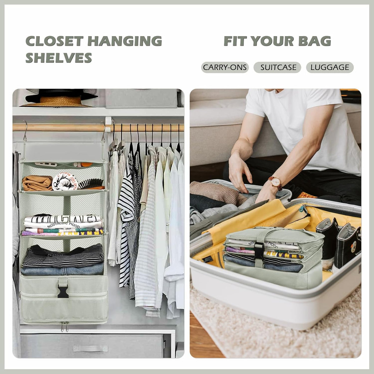 Hanging Shelves Travel Storage Bag Compression Packing Cube for Suitcase Collapsible with Extension Layer Large Capacity, Pink,XL