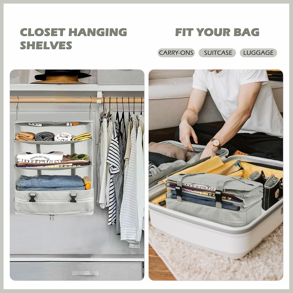 Hanging Shelves Travel Storage Bag Compression Packing Cube for Suitcase Collapsible with Extension Layer Large Capacity, Pink,XL