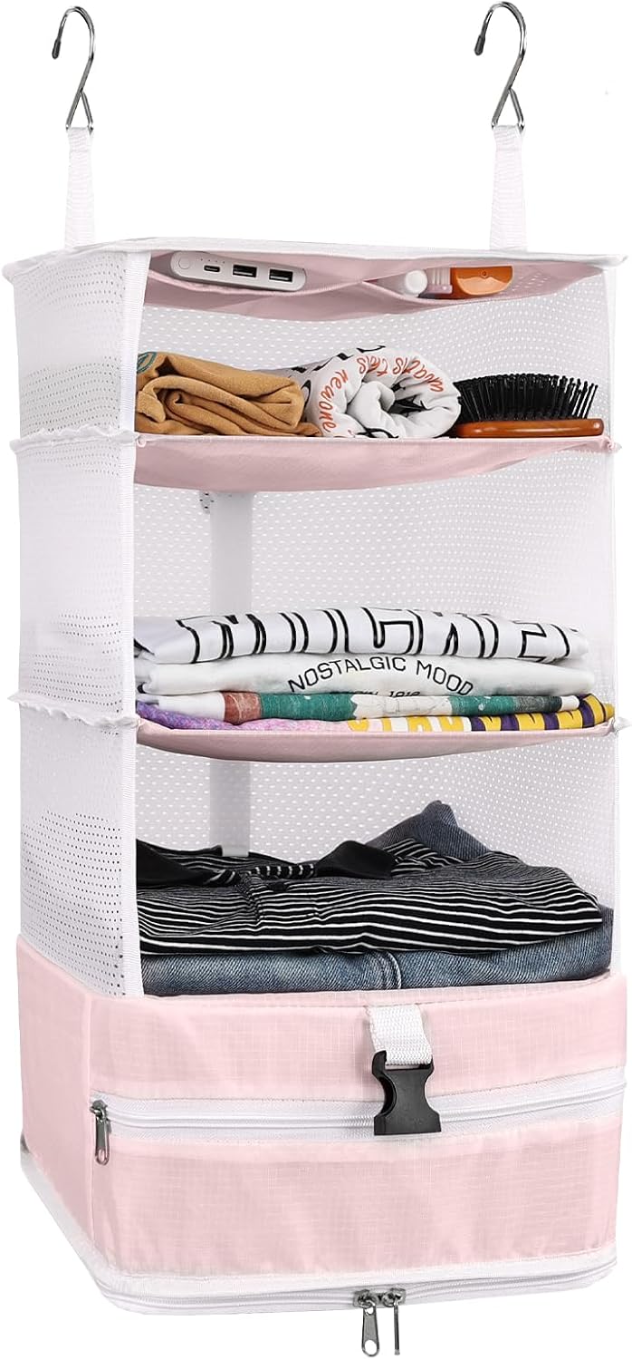 Hanging Shelves Travel Storage Bag Compression Packing Cube for Suitcase Collapsible with Extension Layer Large Capacity, Pink,XL