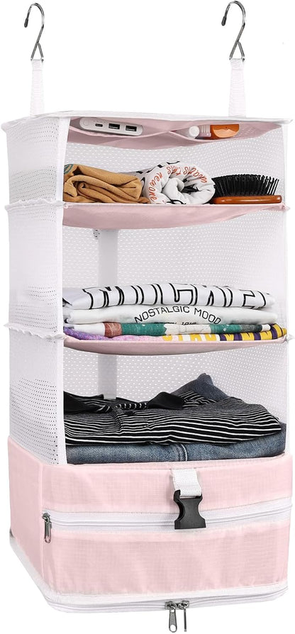 Hanging Shelves Travel Storage Bag Compression Packing Cube for Suitcase Collapsible with Extension Layer Large Capacity, Pink,XL