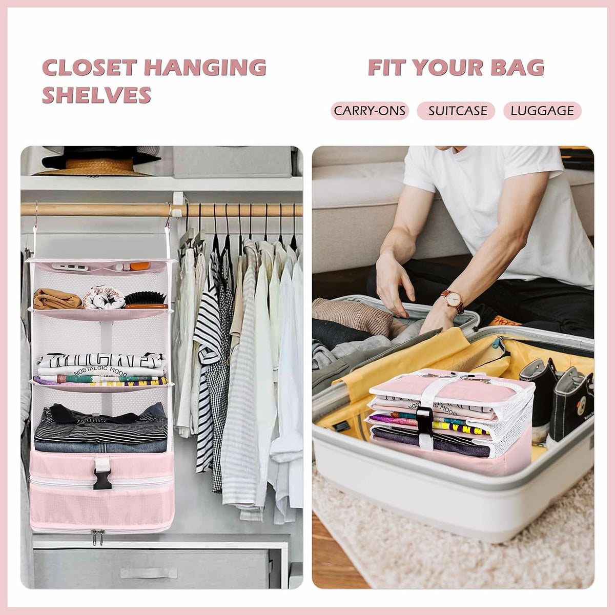 Hanging Shelves Travel Storage Bag Compression Packing Cube for Suitcase Collapsible with Extension Layer Large Capacity, Pink,XL