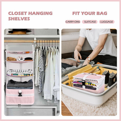 Hanging Shelves Travel Storage Bag Compression Packing Cube for Suitcase Collapsible with Extension Layer Large Capacity, Pink,XL