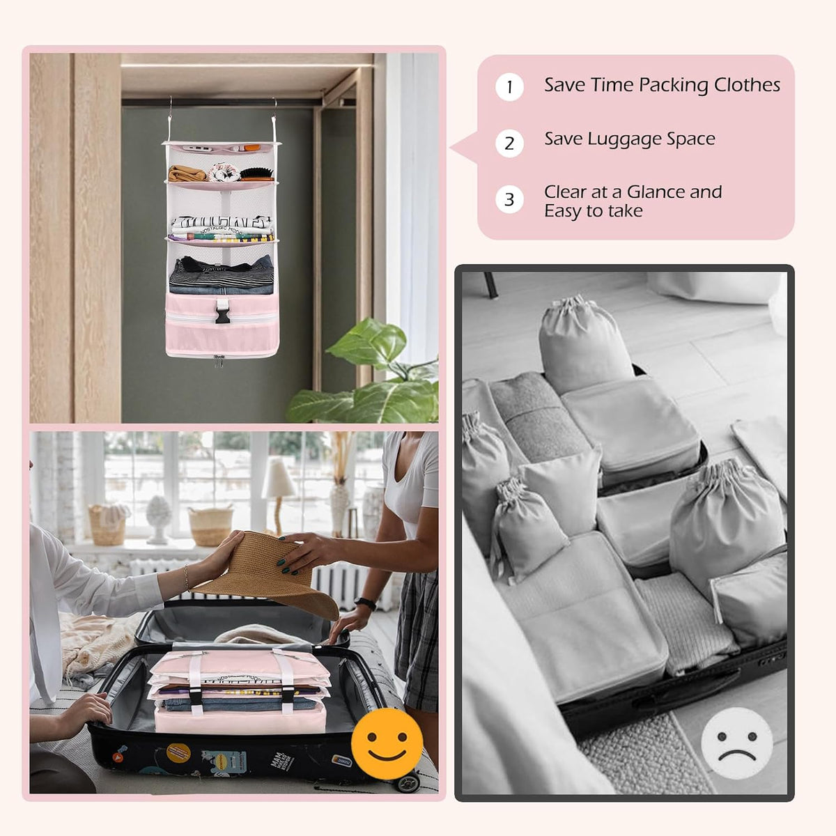 Hanging Shelves Travel Storage Bag Compression Packing Cube for Suitcase Collapsible with Extension Layer Large Capacity, Pink,XL