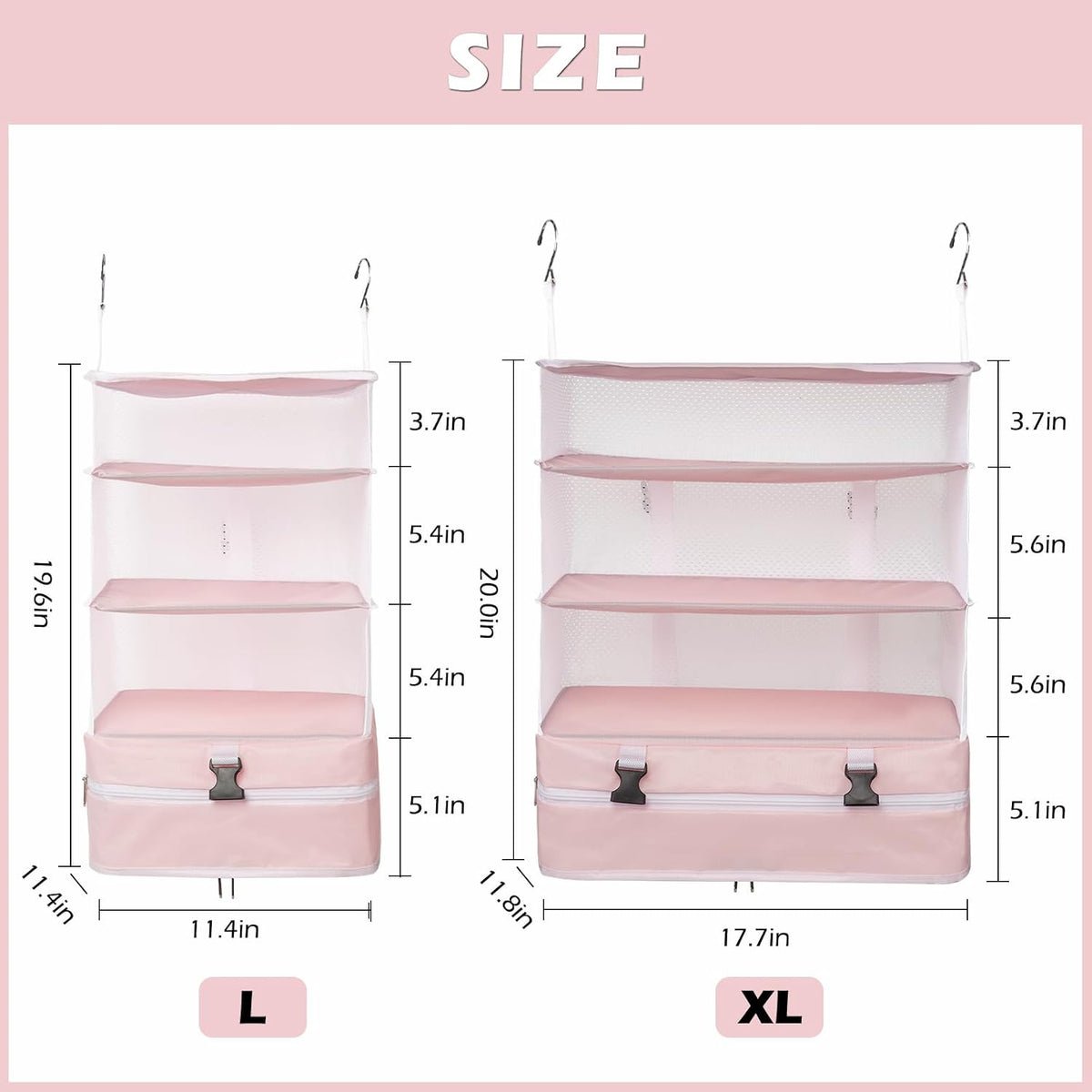 Hanging Shelves Travel Storage Bag Compression Packing Cube for Suitcase Collapsible with Extension Layer Large Capacity, Pink,XL