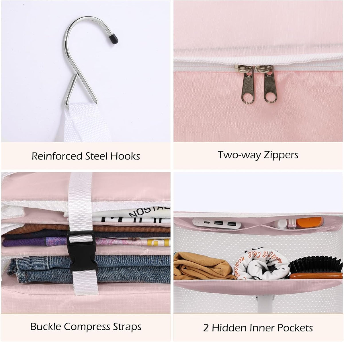 Hanging Shelves Travel Storage Bag Compression Packing Cube for Suitcase Collapsible with Extension Layer Large Capacity, Pink,XL
